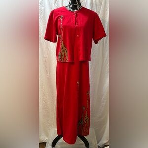 Vintage Red Giraffe Print Long Dress & Cardigan Set Women’s Small Teacher Outfit